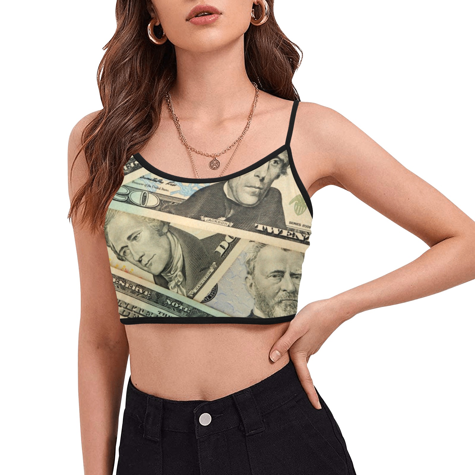 US PAPER CURRENCY Women's Spaghetti Strap Crop Top (Model T67)