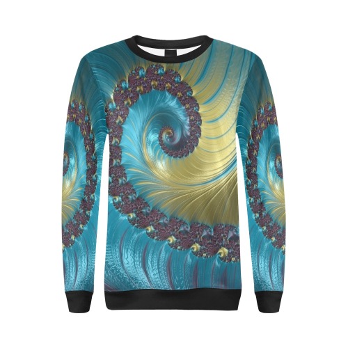 Turquoise and Gold Spiral Fractal Abstract All Over Print Crewneck Sweatshirt for Women (Model H18)