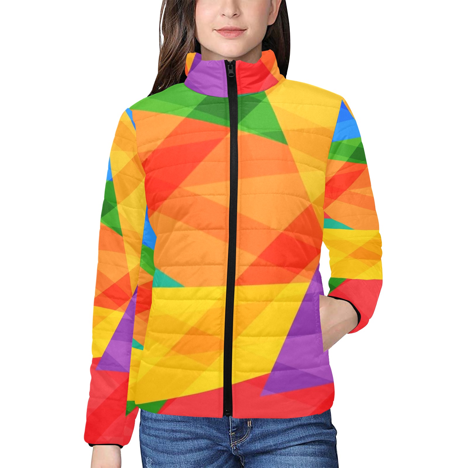 Color block Women's Stand Collar Padded Jacket (Model H41)