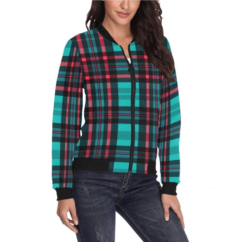 Blue And Red Country Plaid Pattern All Over Print Bomber Jacket for Women (Model H36)