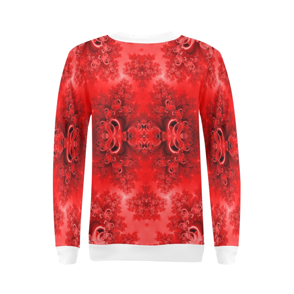 Fiery Red Rose Garden Frost Fractal All Over Print Crewneck Sweatshirt for Women (Model H18)