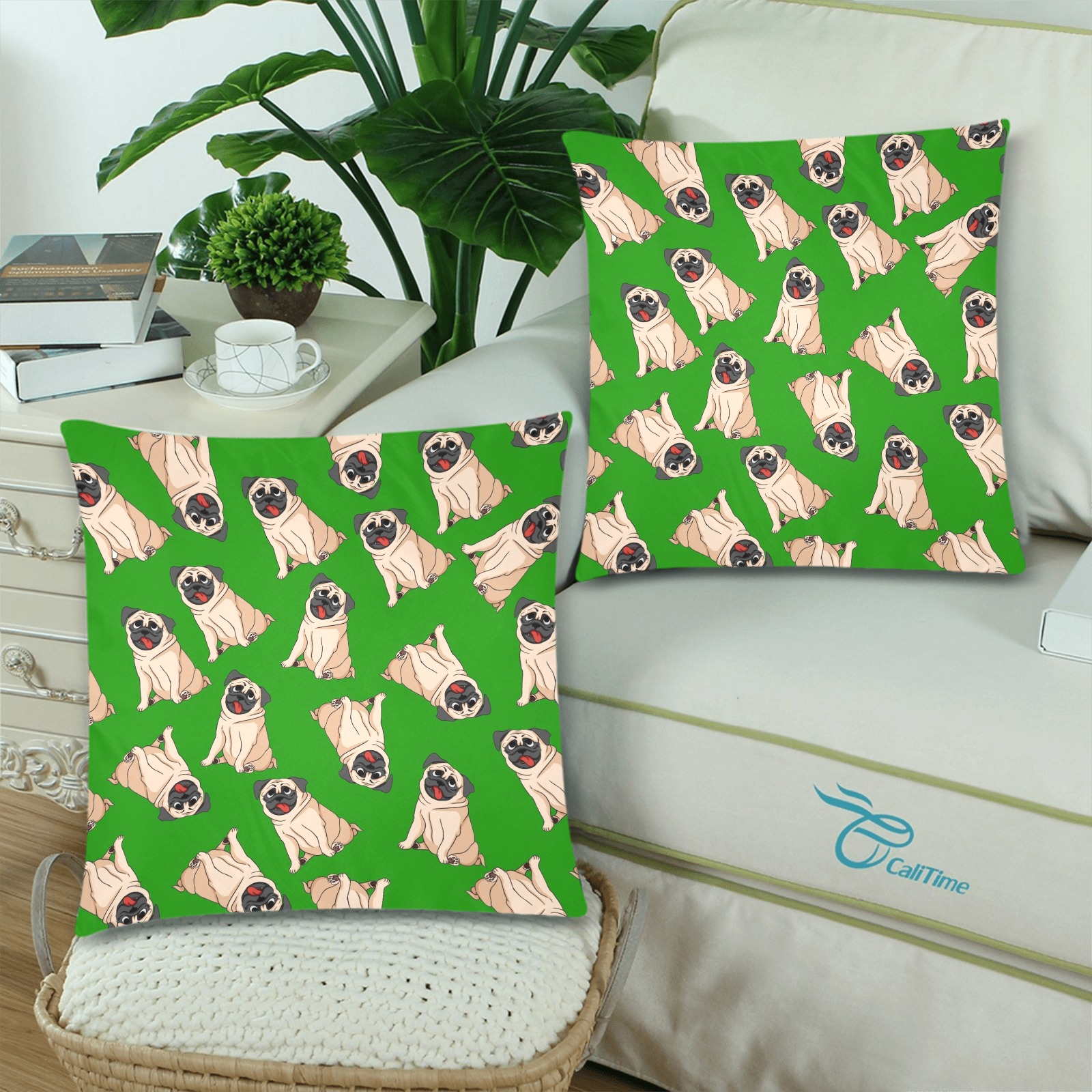 Pugs on Green Custom Zippered Pillow Cases 18"x 18" (Twin Sides) (Set of 2)