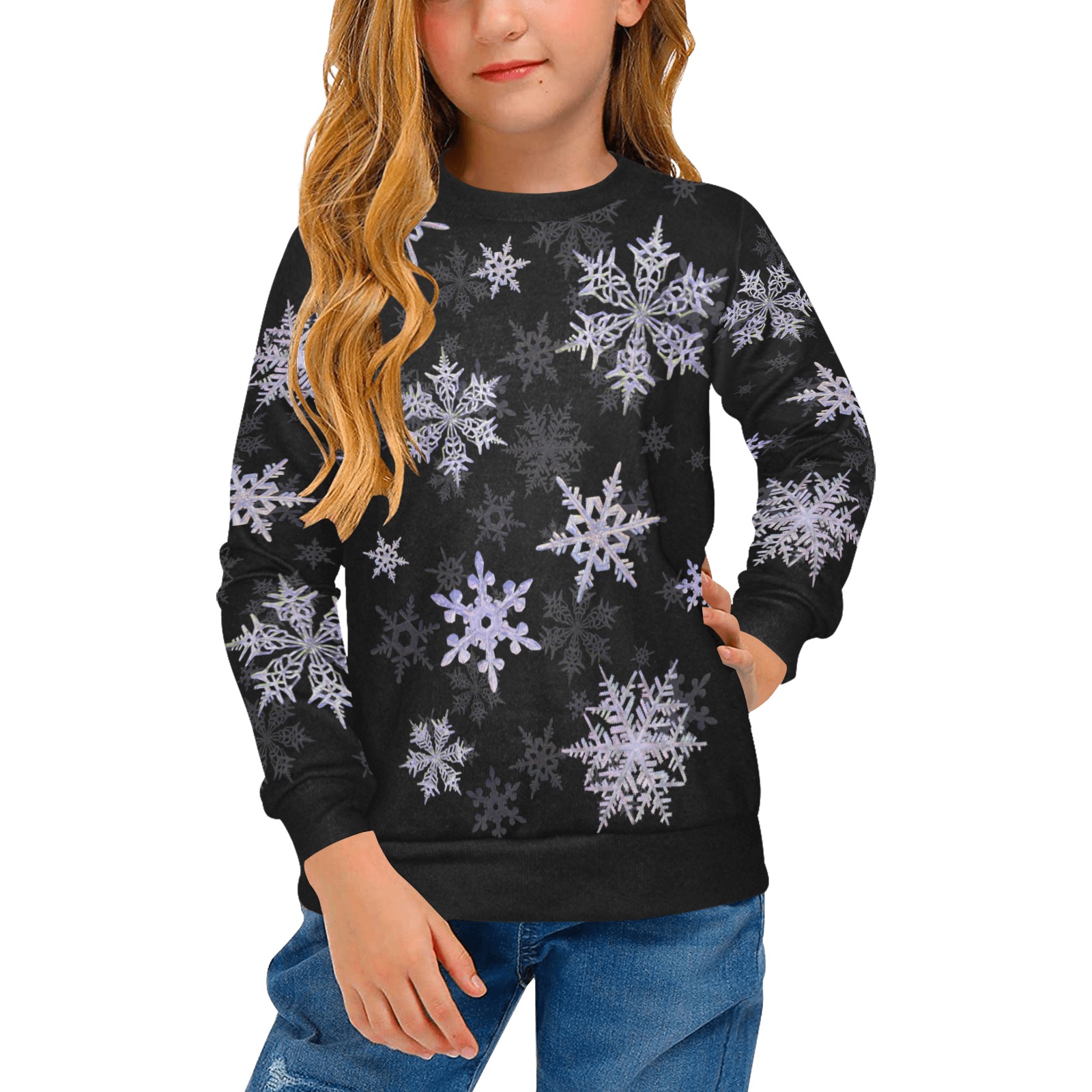 Snowflakes Winter Christmas Time pattern on black Girls' All Over Print Crew Neck Sweater (Model H49)