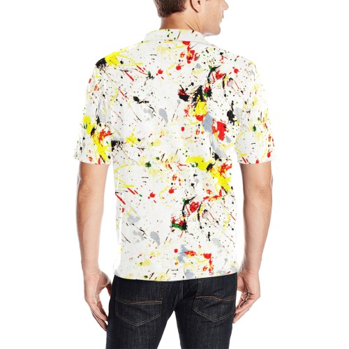 Yellow, Red, Black Paint Splatter Men's All Over Print Polo Shirt (Model T55)