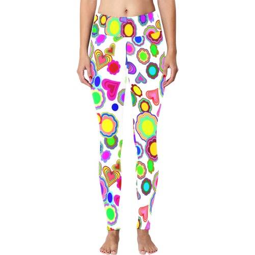 Groovy Hearts and Flowers White Women's Big Size Workout Leggings (Model L43)