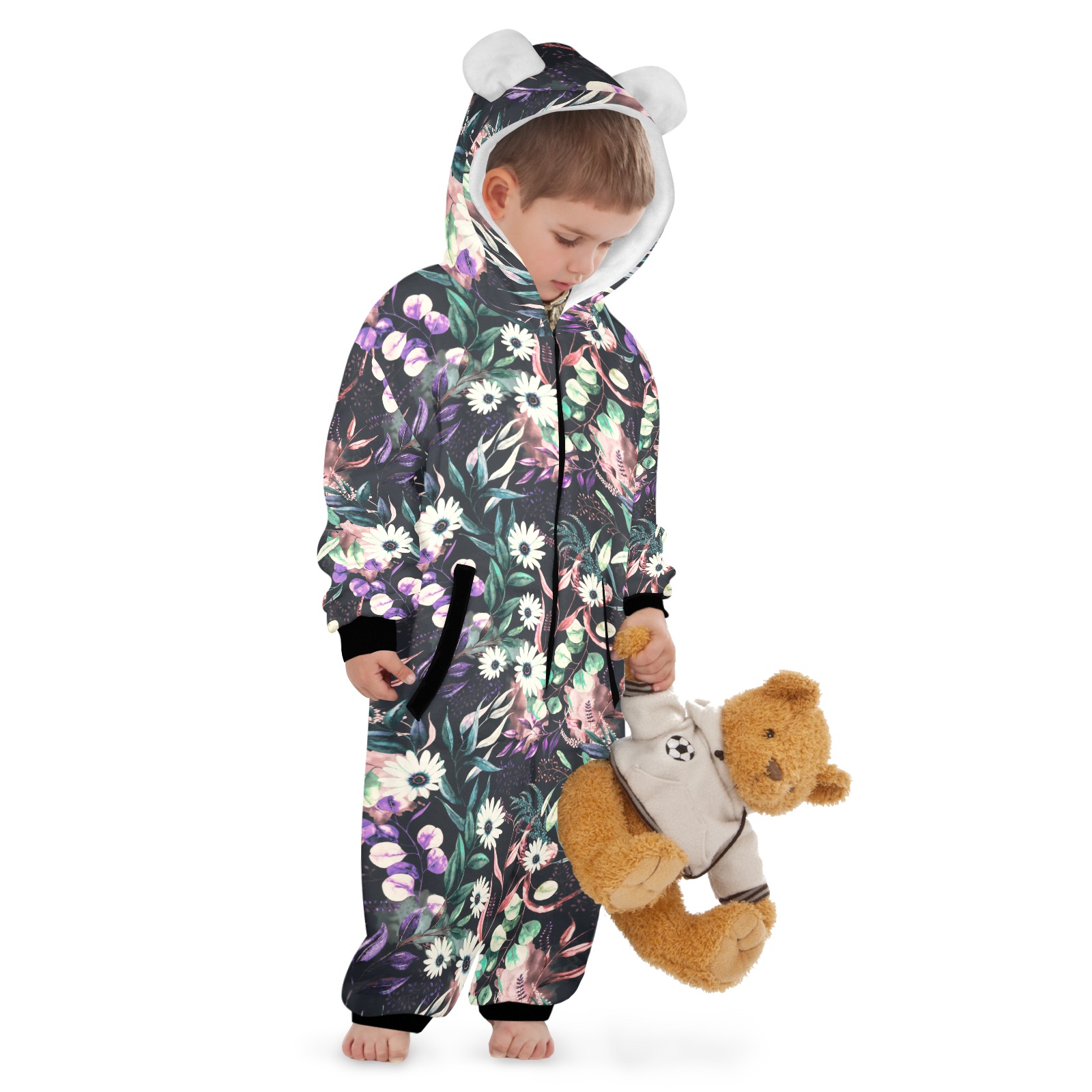Vintage dark fantasy bloom 20G One-Piece Zip up Hooded Pajamas for Little Kids