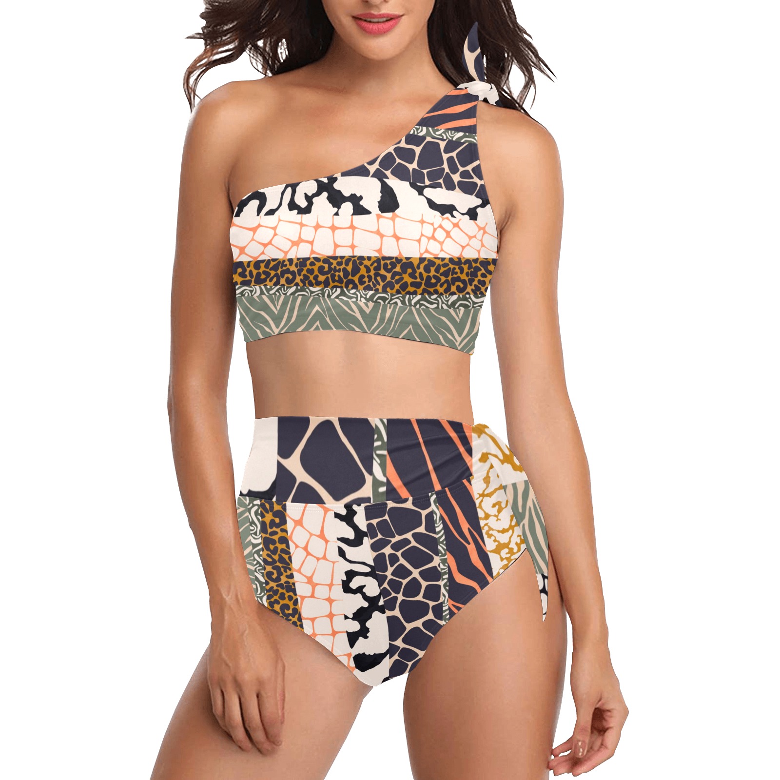Modern animal print stripes-01 High Waisted One Shoulder Bikini Set (Model S16)