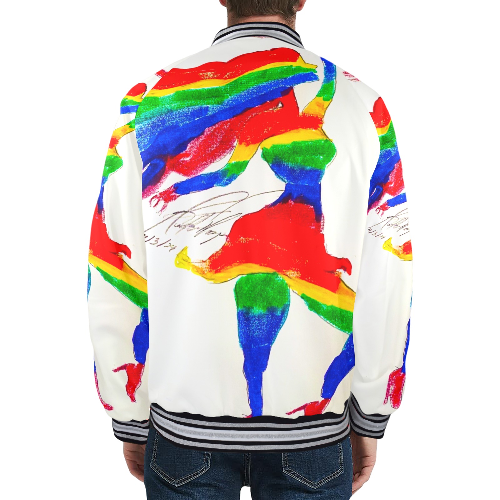 rainbow silhouette Men's Striped Trim Bomber Jacket (Model H21)