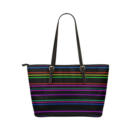 Neon Pinstripes on Black Leather Tote Bag/Large (Model 1651)