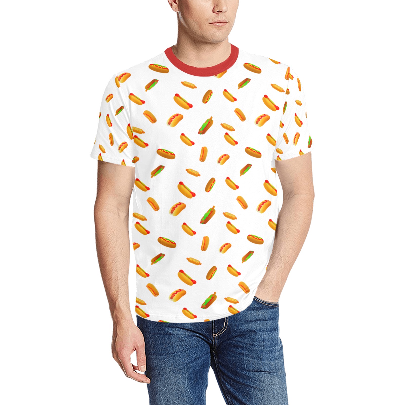 Hot Dogs on White Men's All Over Print T-Shirt (Solid Color Neck) (Model T63)