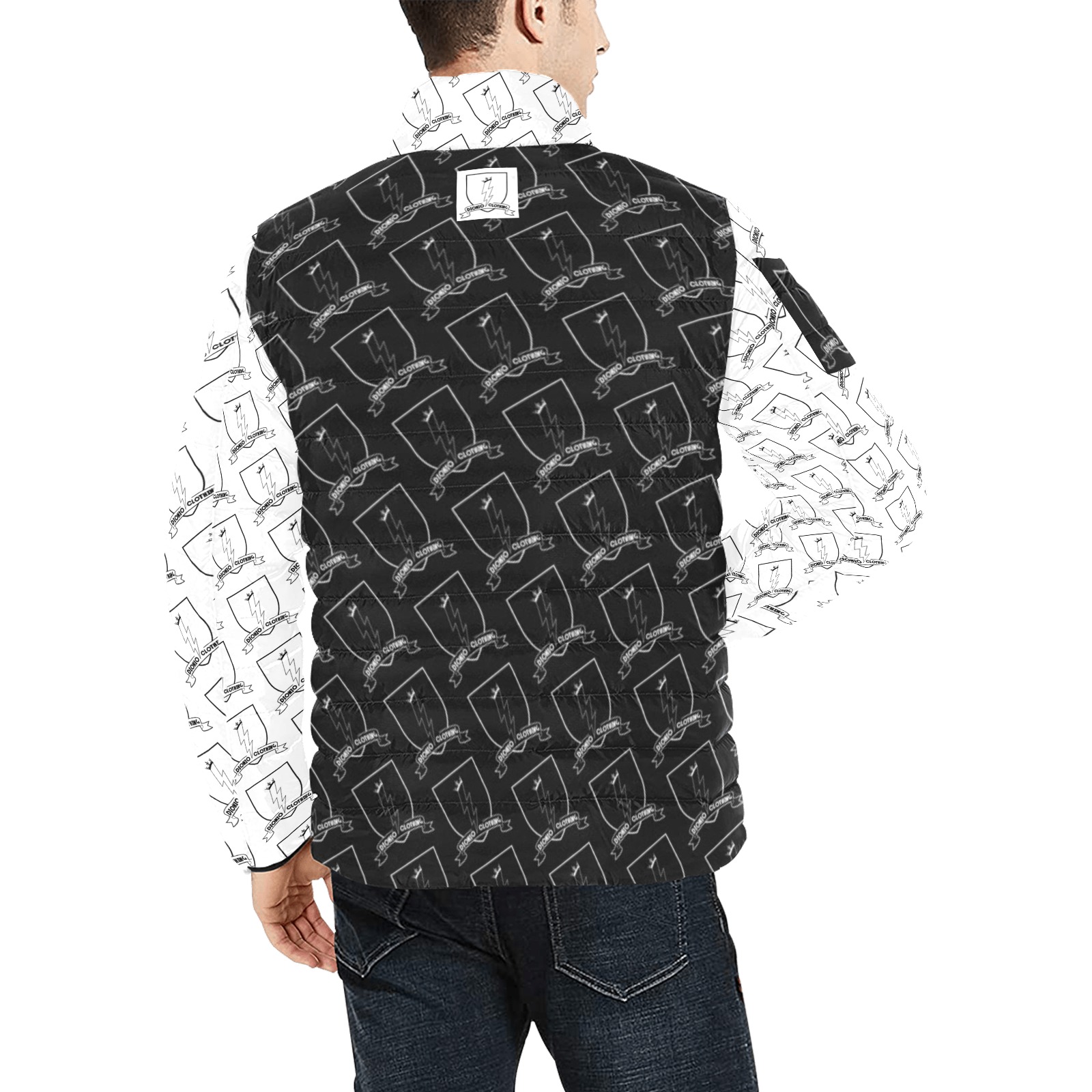 DIONIO Clothing - Big Lightning Shield Puffy Jacket ( Black & White Logo) Men's Stand Collar Padded Jacket (Model H41)