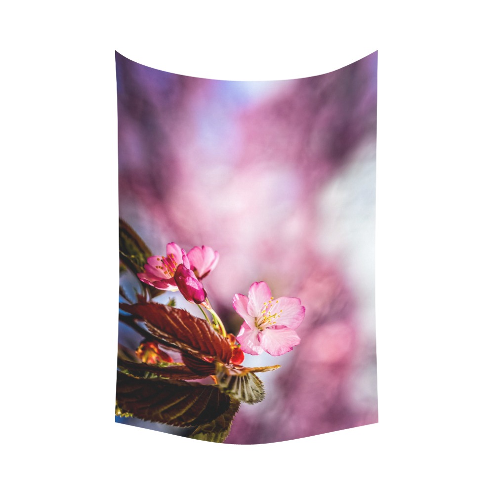 Striking pink sakura cherry flowers, pink mist. Polyester Peach Skin Wall Tapestry 90"x 60"