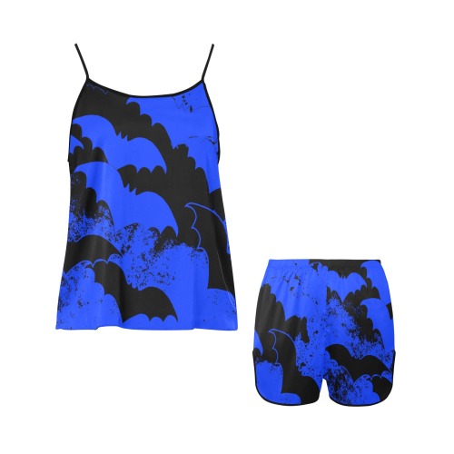 Black Bats In Flight Blue Women's Spaghetti Strap Short Pajama Set
