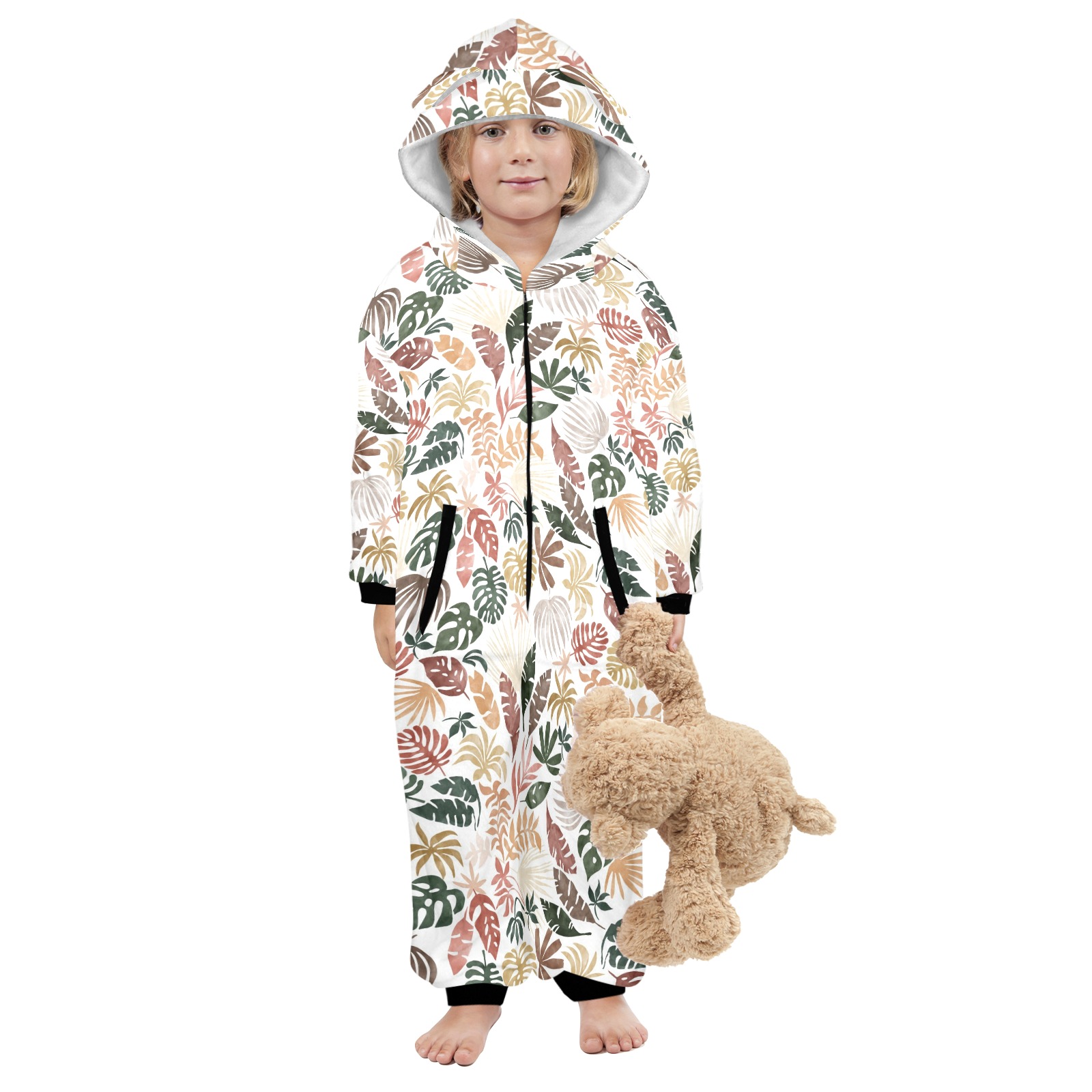 Colorful abstract jungle-12 One-Piece Zip up Hooded Pajamas for Little Kids