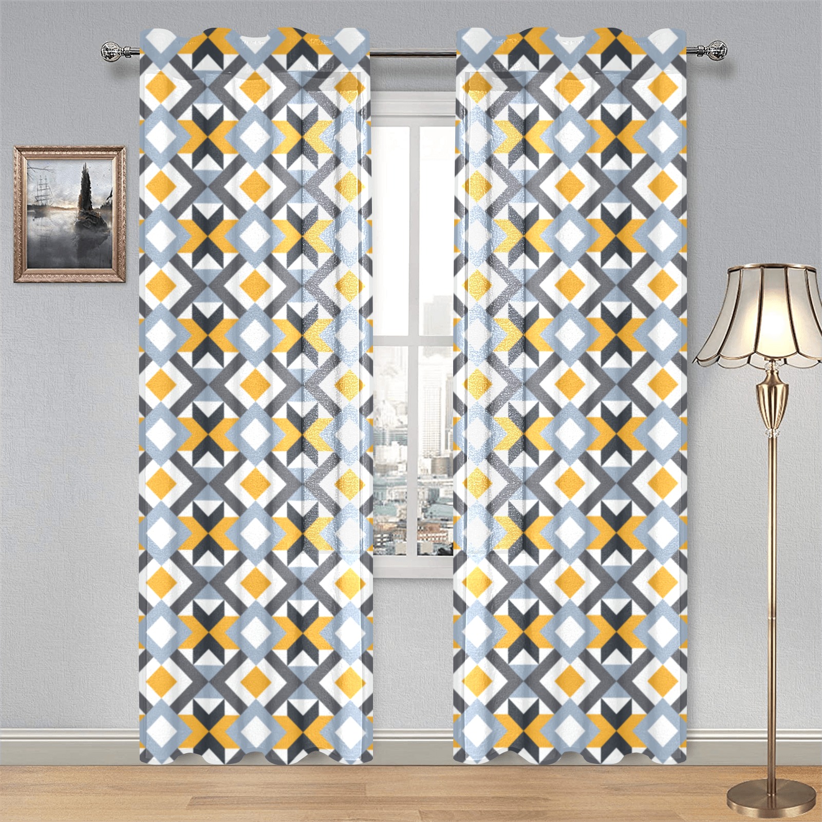 Retro Angles Abstract Geometric Pattern Gauze Curtain 28"x84" (Two-Piece)