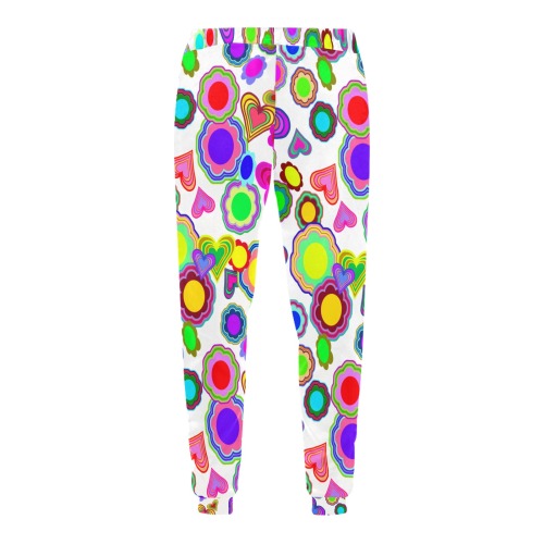 Groovy Hearts and Flowers White Unisex Casual Sweatpants (Model L11)