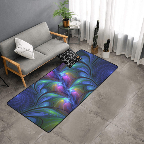 Colorful Luminous Abstract Blue Pink Green Fractal Area Rug with Black Binding  7'x3'3''