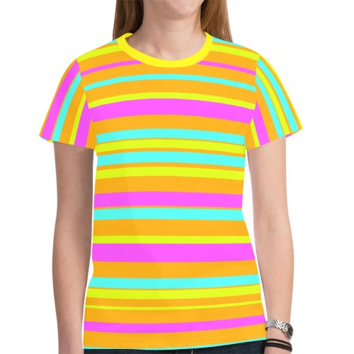 Neon Stripes  Tangerine Turquoise Yellow Pink New All Over Print T-shirt for Women (Model T45)
