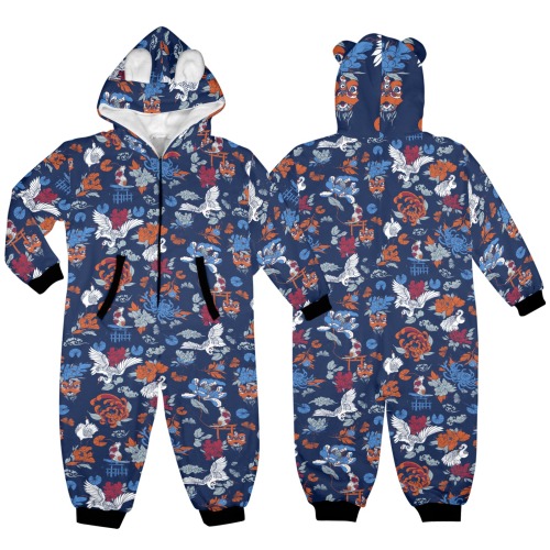 Florid dark asian nature One-Piece Zip up Hooded Pajamas for Little Kids
