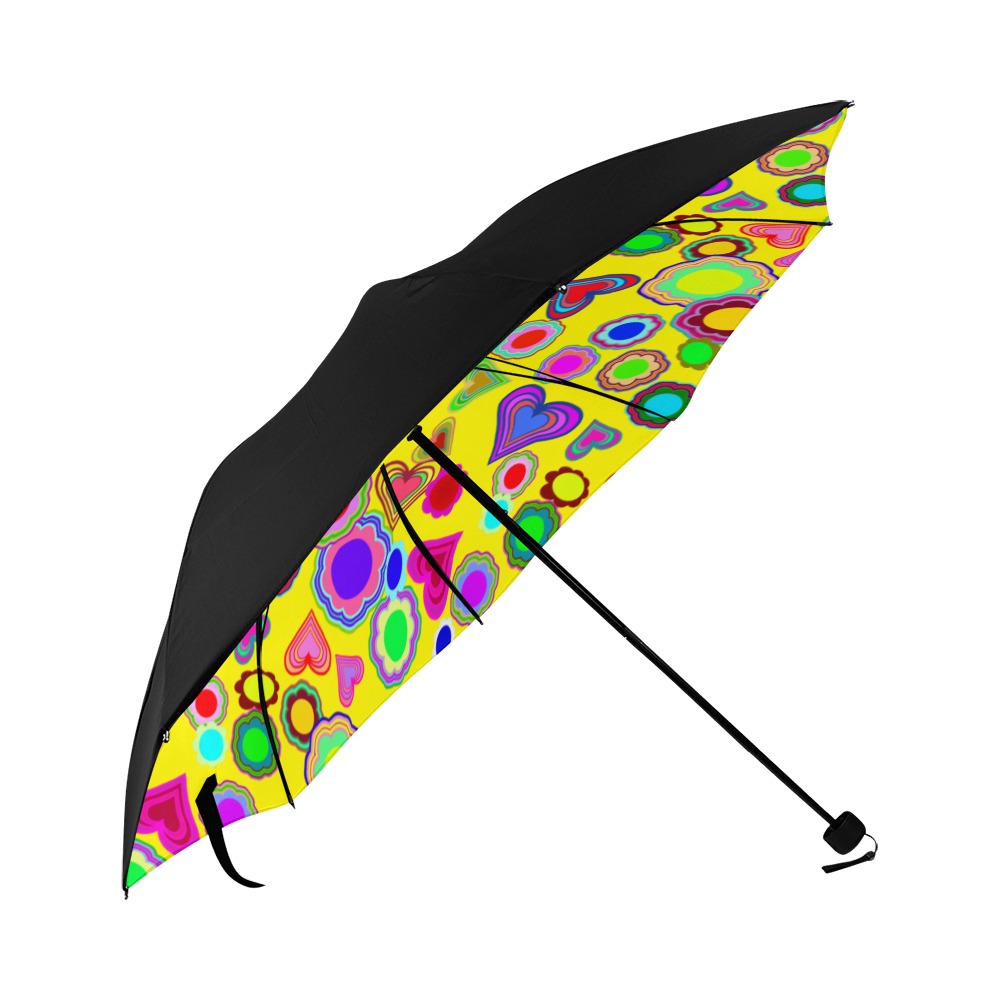 Groovy Hearts and Flowers Yellow Anti-UV Foldable Umbrella (Underside Printing) (U07)