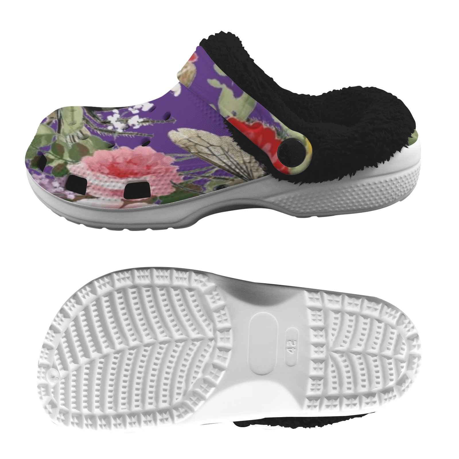 Purple Bees and Flowers Fleece Lined Foam Clogs for Adults