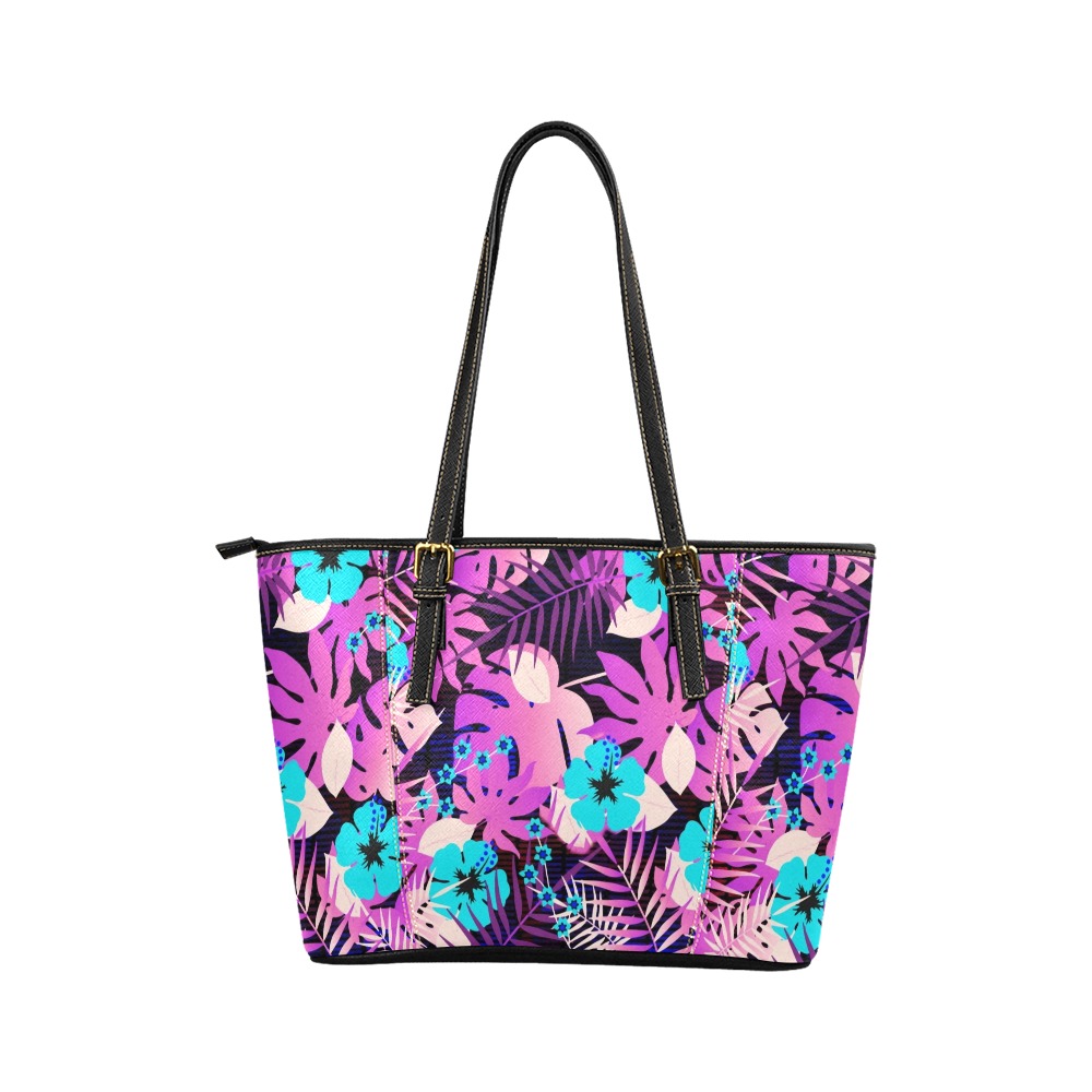 GROOVY FUNK THING FLORAL PURPLE Leather Tote Bag/Small (Model 1640)