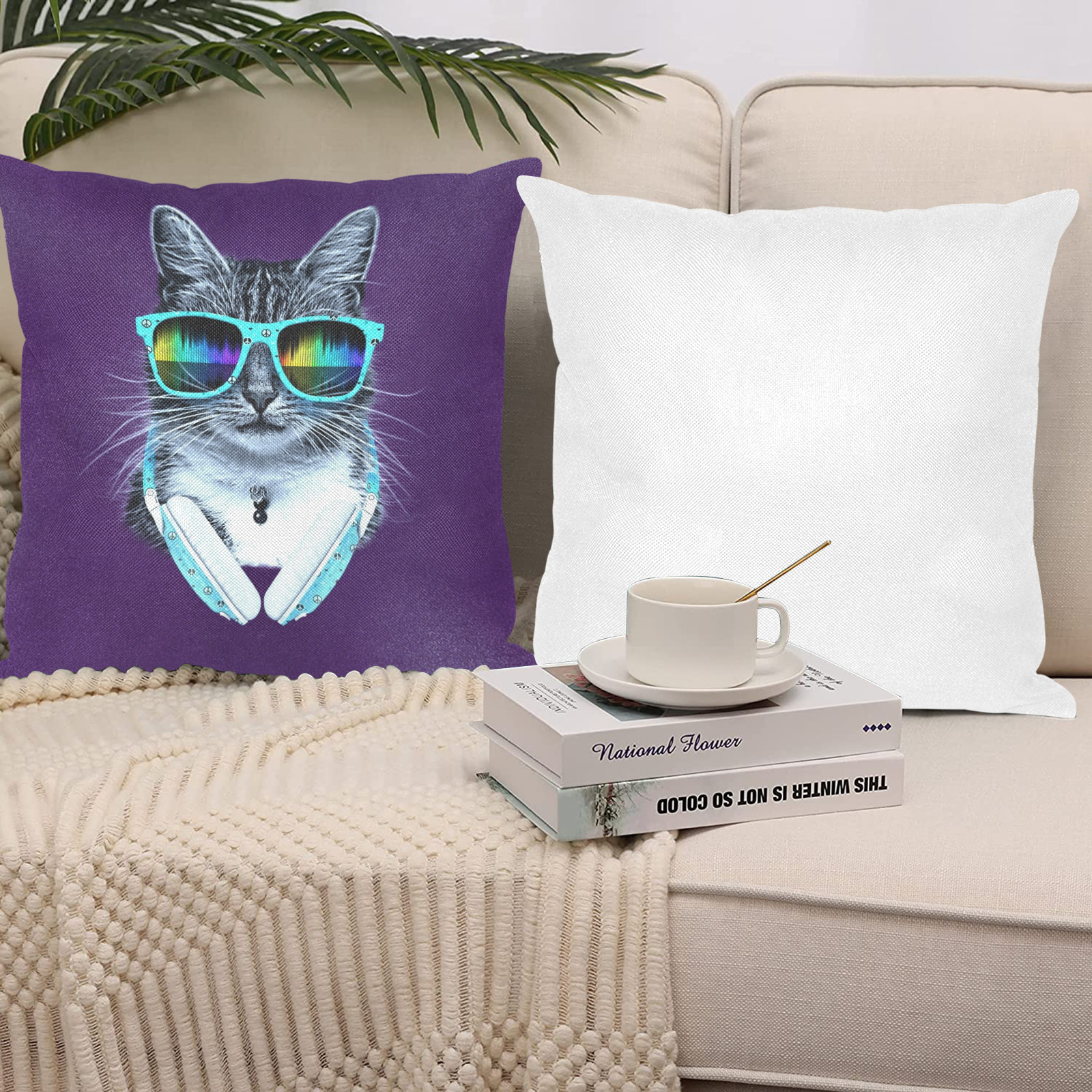 Cute Cool Cat with glasses and headphones Linen Zippered Pillowcase 18"x18"(One Side&Pack of 2)