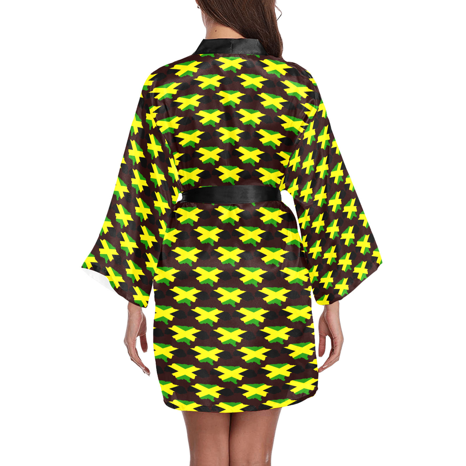 Jamaican Flag Maps Brown Long Sleeve Kimono Robe