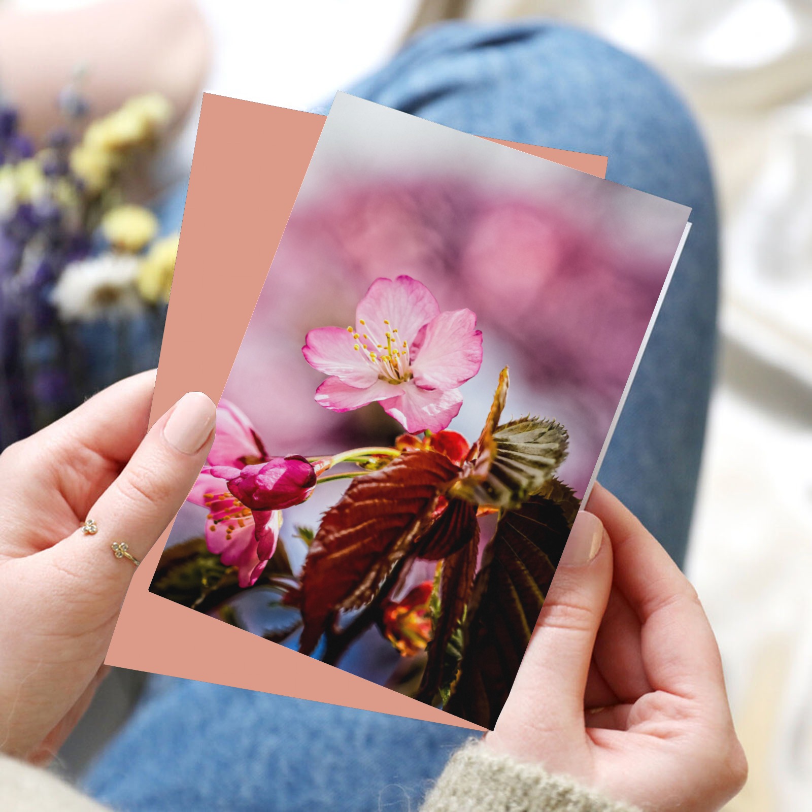 Striking pink sakura cherry flowers, pink mist. Greeting Card 8"x6"