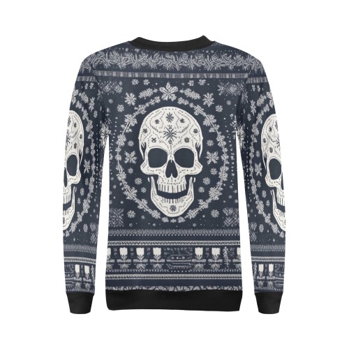 Cool pattern with the decorated skull and snow. All Over Print Crewneck Sweatshirt for Women (Model H18)