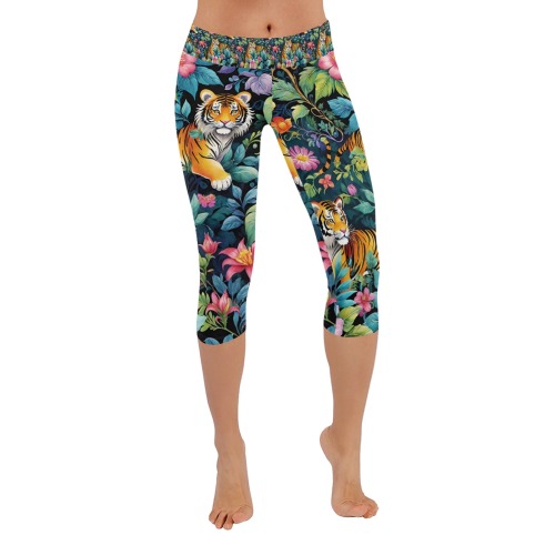 Jungle Tigers and Tropical Flowers Pattern Women's Low Rise Capri Leggings (Invisible Stitch) (Model L08)