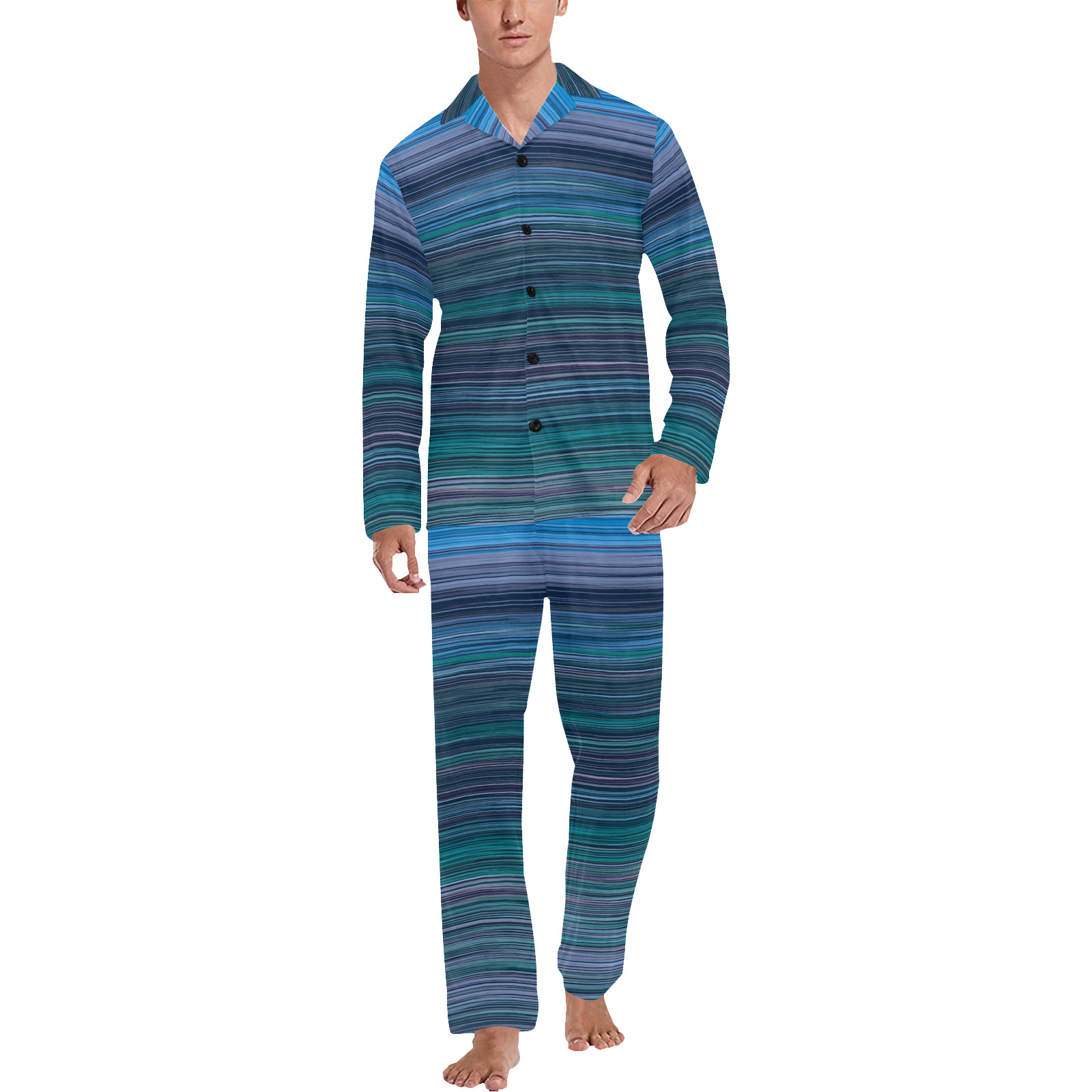 Abstract Blue Horizontal Stripes Men's V-Neck Long Pajama Set