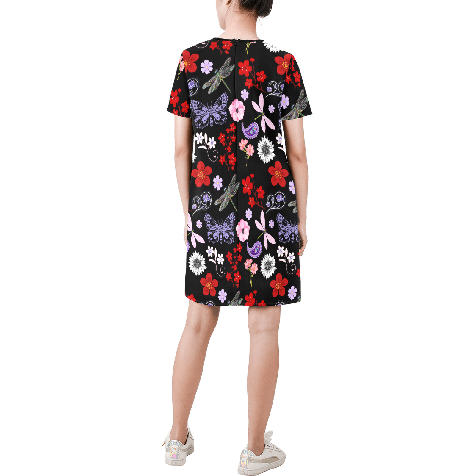 Black, Red, Pink, Purple, Dragonflies, Butterfly and Flowers Design Short-Sleeve Round Neck A-Line Dress (Model D47)