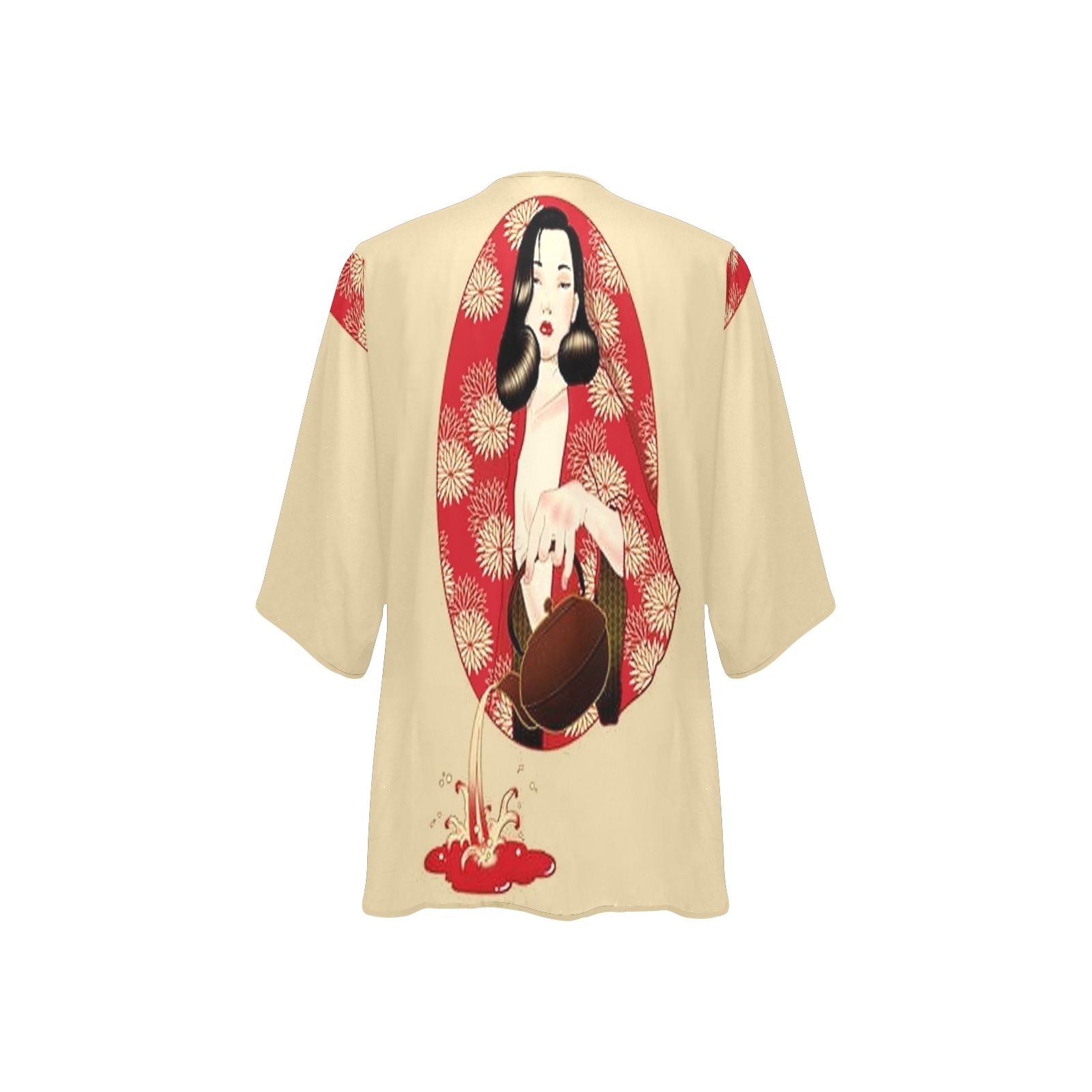 Asian Lady Pouring Tea MEDIUM Women's Kimono Chiffon Cover Ups (Model H51)