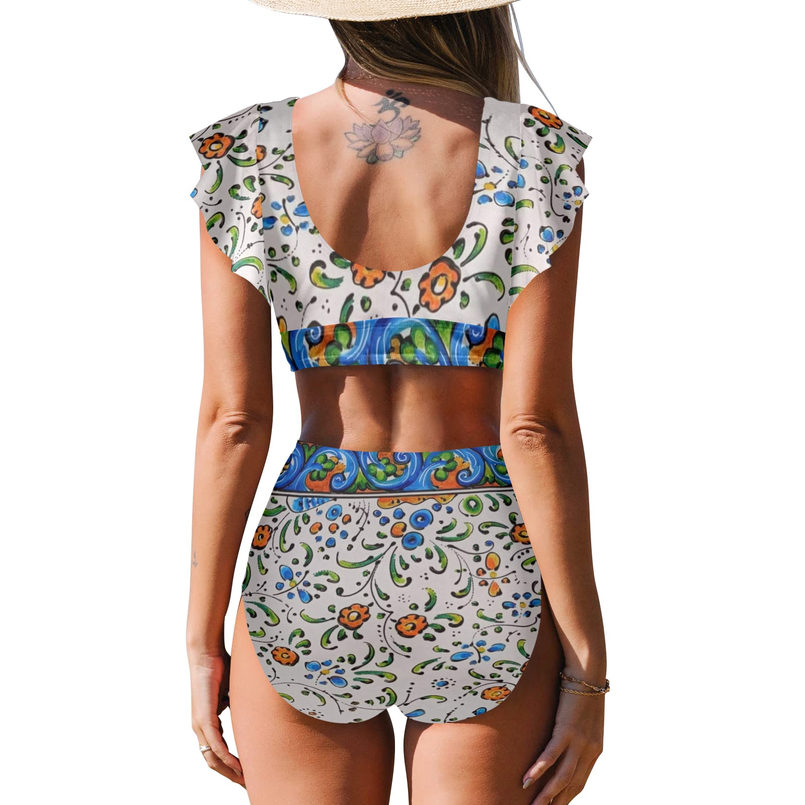 Floral Women's Ruffle Sleeve Bikini Swimsuit (Model S42)