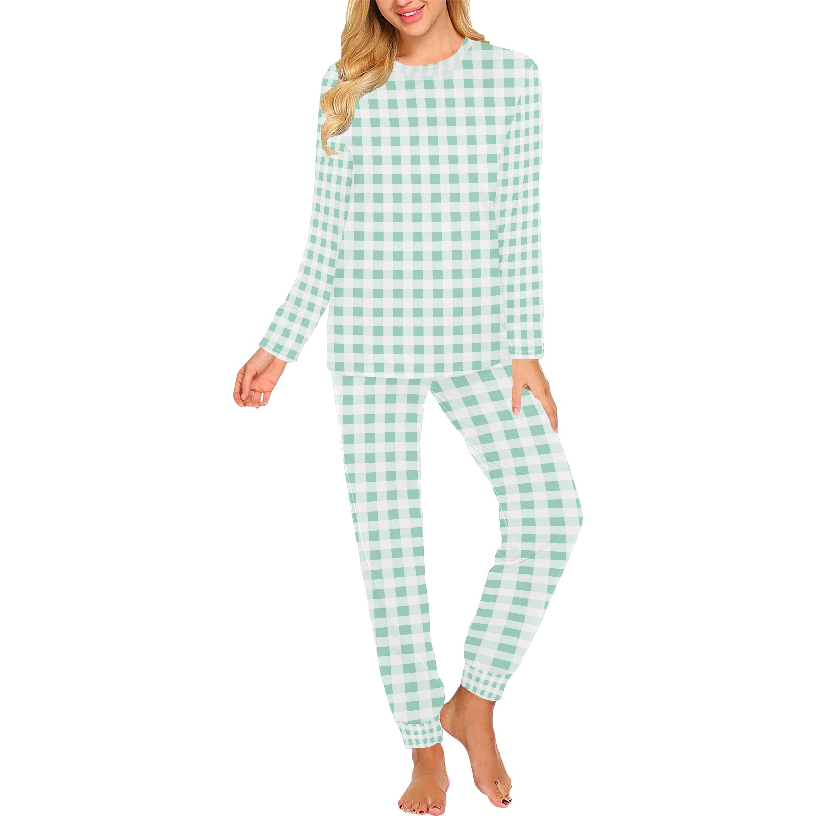 Mint Green Gingham Women's All Over Print Pajama Set