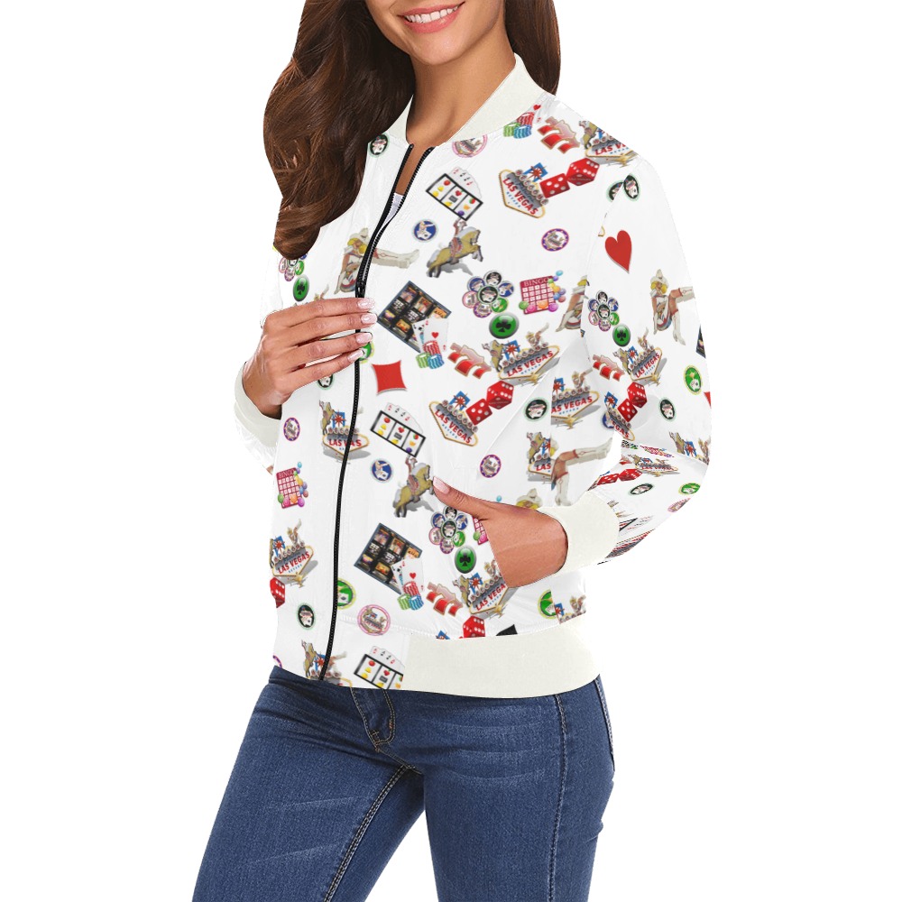 Famous Las Vegas Icons White All Over Print Bomber Jacket for Women (Model H19)