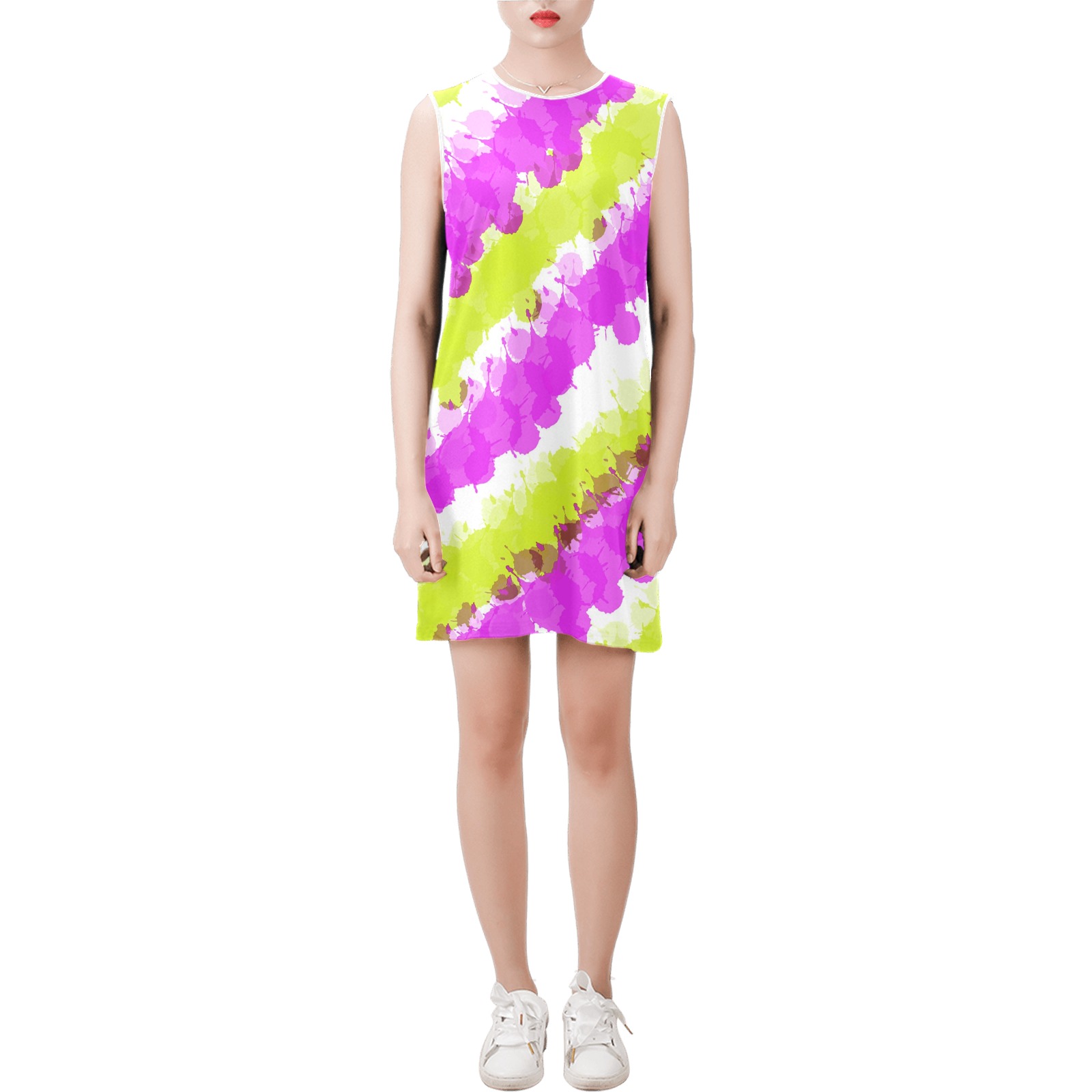 Pink & Yellow Bright Splatter Sleeveless Round Neck Shift Dress (Model D51)
