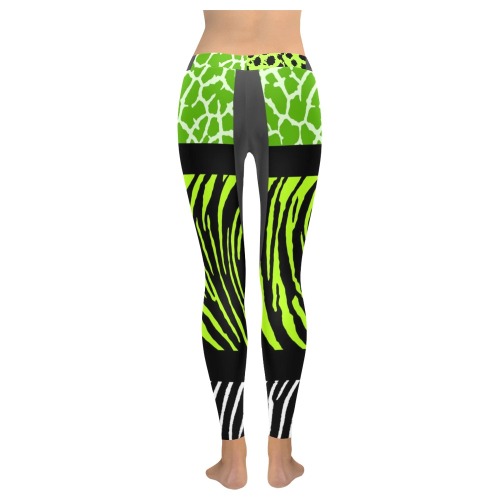 White and Light Green Mixed Animal Print Women's Low Rise Leggings (Invisible Stitch) (Model L05)