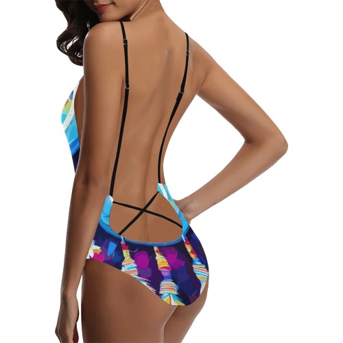 Blue dreamcatcher, purple background colorful art. Sexy Lacing Backless One-Piece Swimsuit (Model S10)