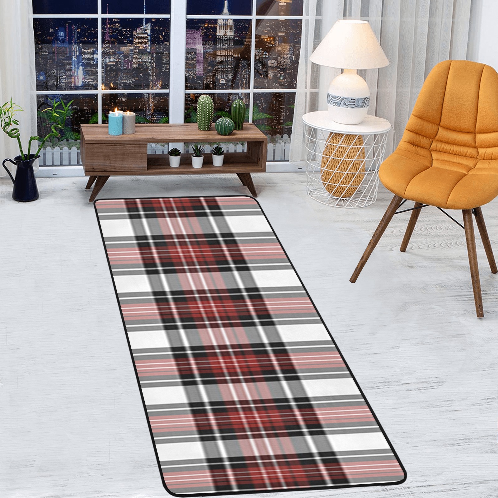 Red Black Plaid Area Rug with Black Binding  7'x3'3''