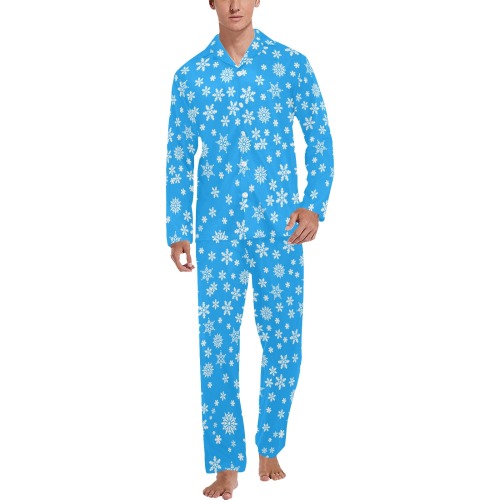 Christmas White Snowflakes on Light Blue Men's V-Neck Long Pajama Set