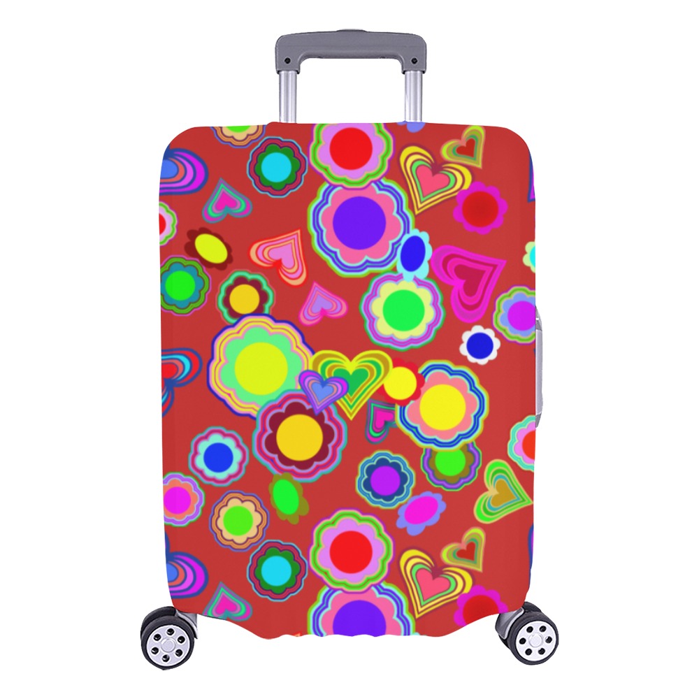 Groovy Hearts and Flowers Red Luggage Cover/Large 26"-28"