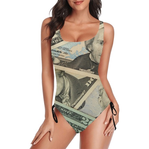 US PAPER CURRENCY Drawstring Side One-Piece Swimsuit (Model S14)