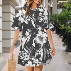 Monochrome Floral Dance Short Sleeve Button Front Shirt Dress