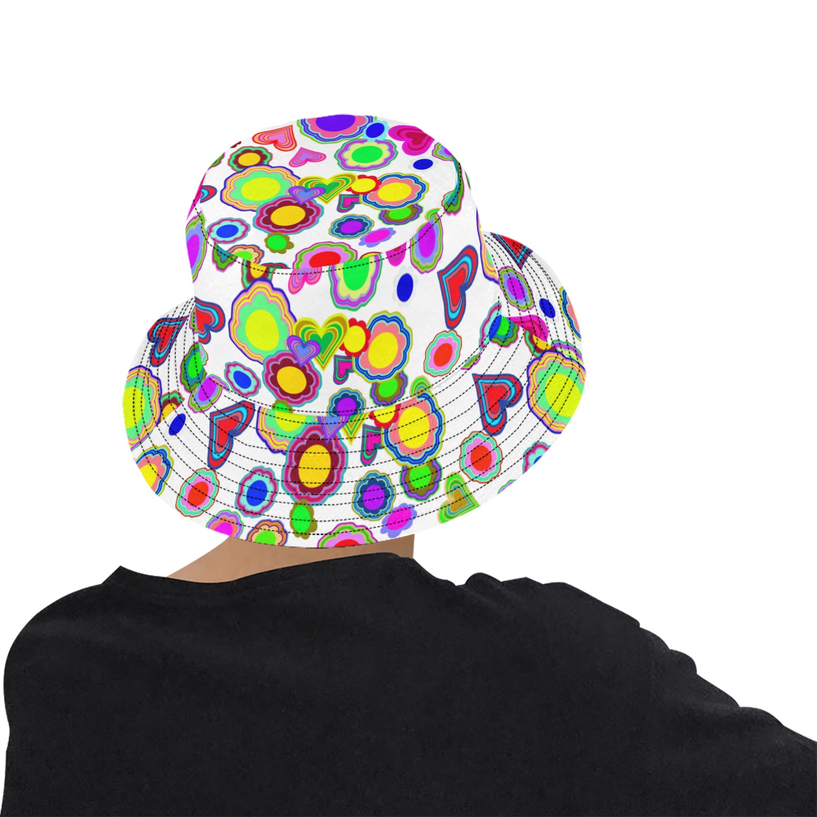 Groovy Hearts and Flowers White Unisex Summer Bucket Hat