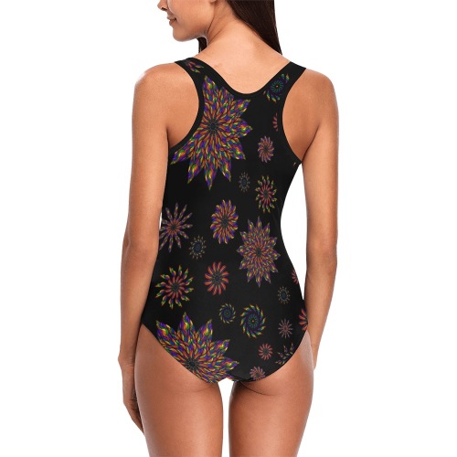 Ô Rainbow Feather Flower Mandala scatter Pattern on Black Vest One Piece Swimsuit (Model S04)