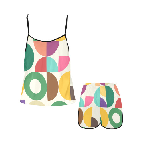 Retro Semi Circle Bauhaus Textile Pattern Women's Spaghetti Strap Short Pajama Set