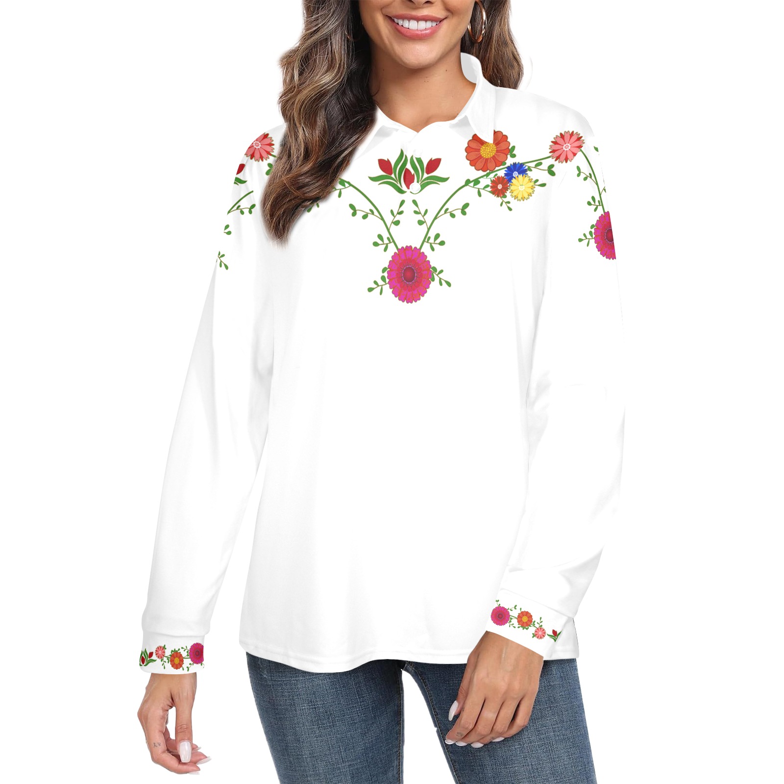 Flowers on the Vine Row / White Women's Long Sleeve Polo Shirt (Model T73)