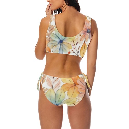 Watercolor Floral 2 Bow Tie Front Bikini Swimsuit (Model S38)